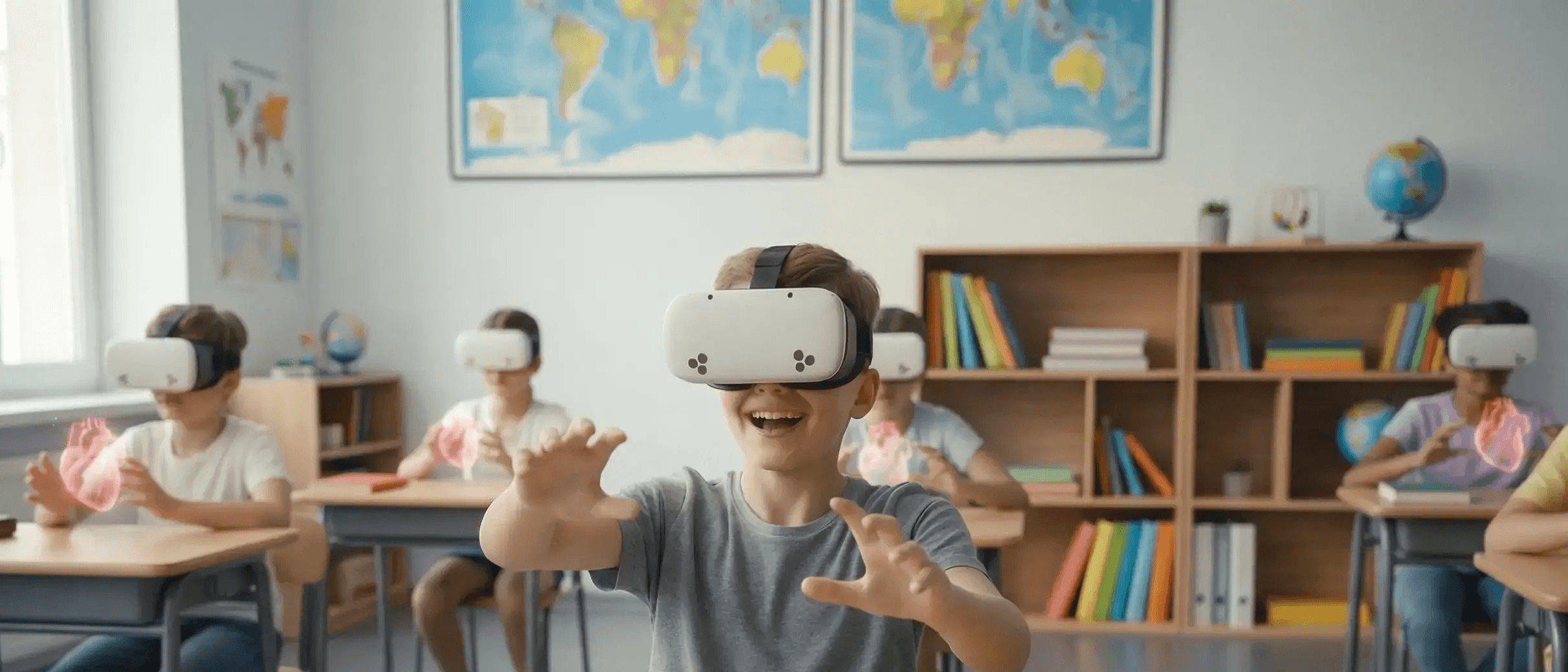 A student wearing a mixed-reality headset reaches toward a human heart floating in front of him while classmates explore with their own headsets