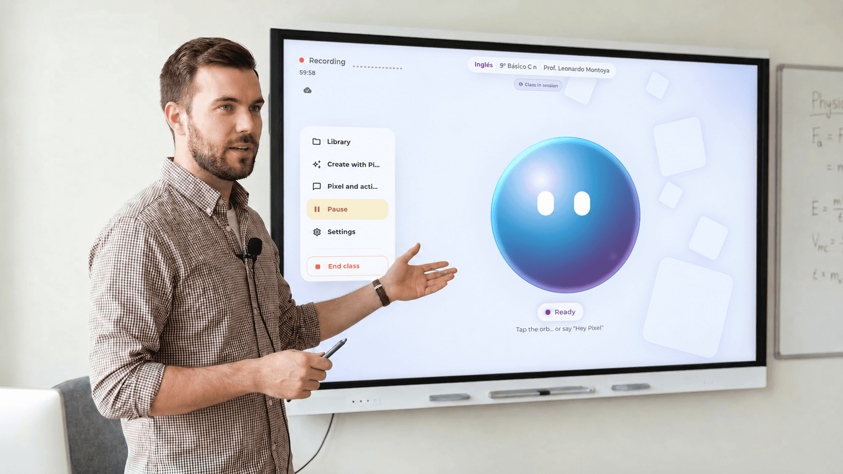 A teacher explains in front of the classroom screen, where PIXLAB Live shows Pixel waiting for his voice
