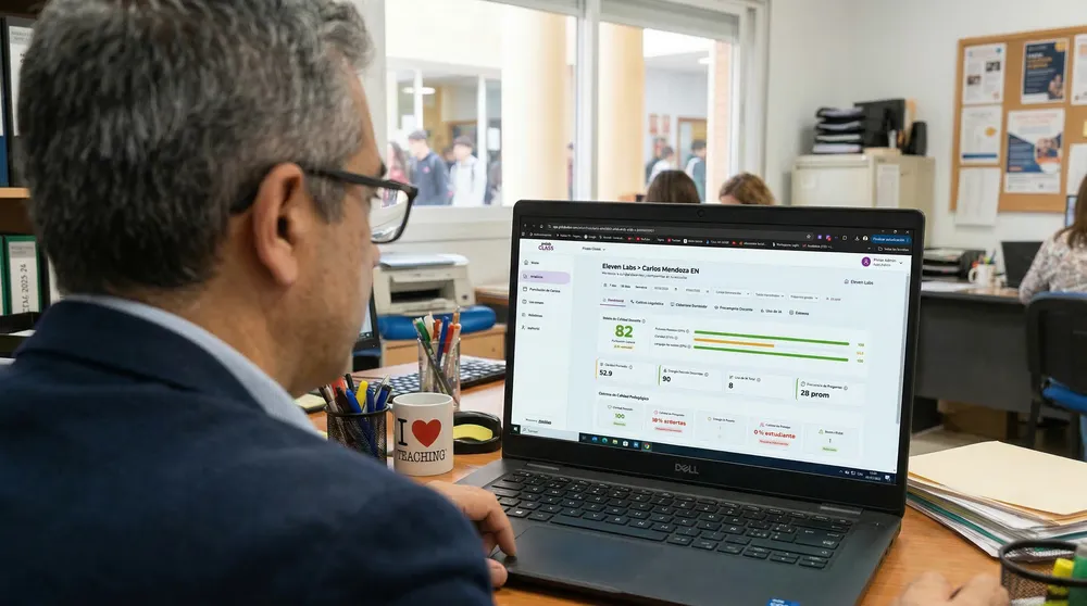 Profesor revisando indicadores de desempeño docente en dispositivo digital