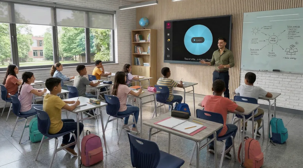 Docente utilizando tecnología IA en aula presencial con estudiantes participando activamente
